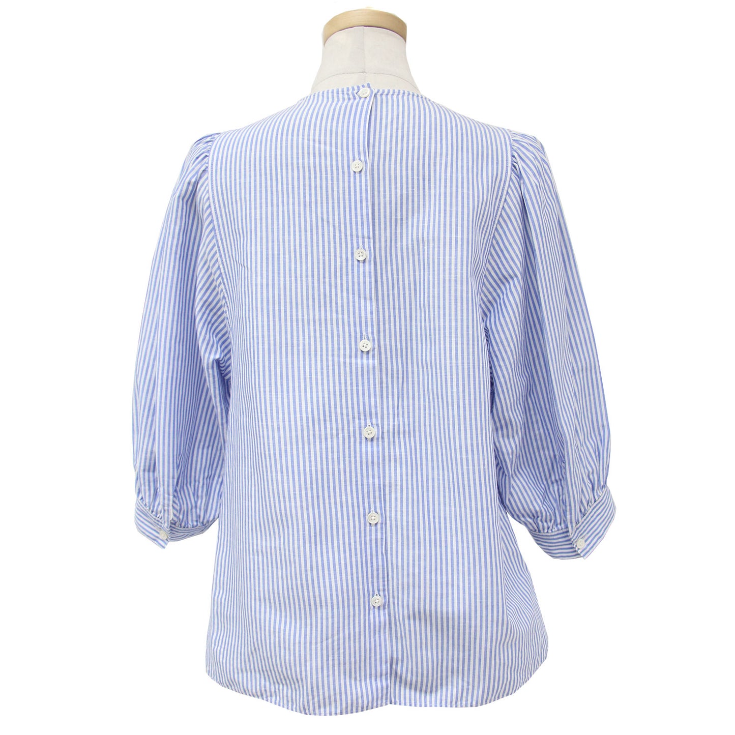 ストライプ コットンリネン 5分袖 ギャザー ブラウス / ボリュームスリーブ シャツ 240904