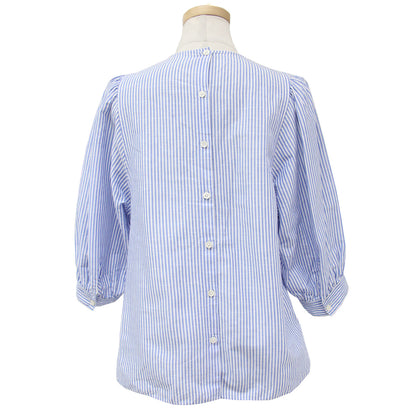 ストライプ コットンリネン 5分袖 ギャザー ブラウス / ボリュームスリーブ シャツ 240904