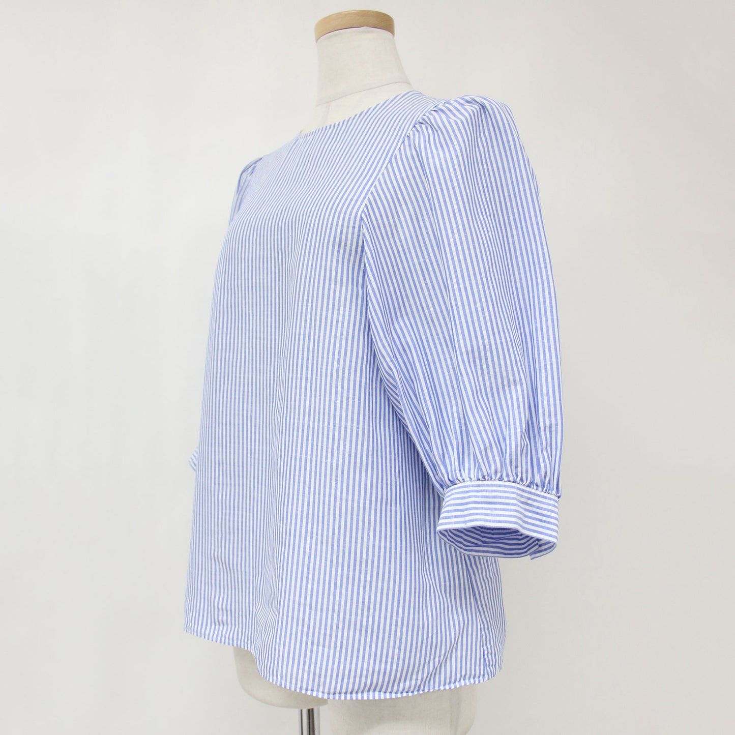 ストライプ コットンリネン 5分袖 ギャザー ブラウス / ボリュームスリーブ シャツ 240904