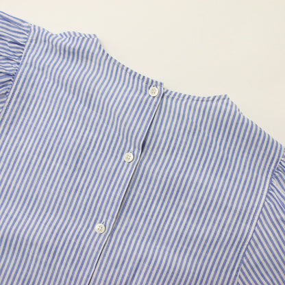 ストライプ コットンリネン 5分袖 ギャザー ブラウス / ボリュームスリーブ シャツ 240904