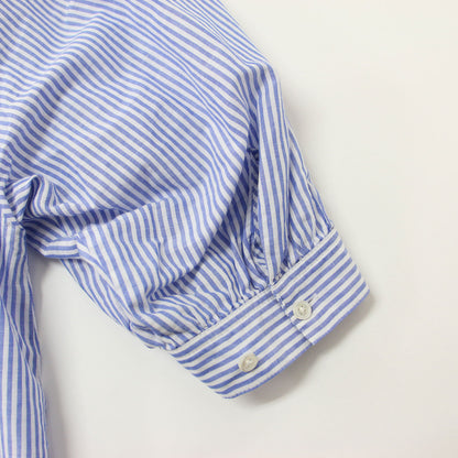 ストライプ コットンリネン 5分袖 ギャザー ブラウス / ボリュームスリーブ シャツ 240904