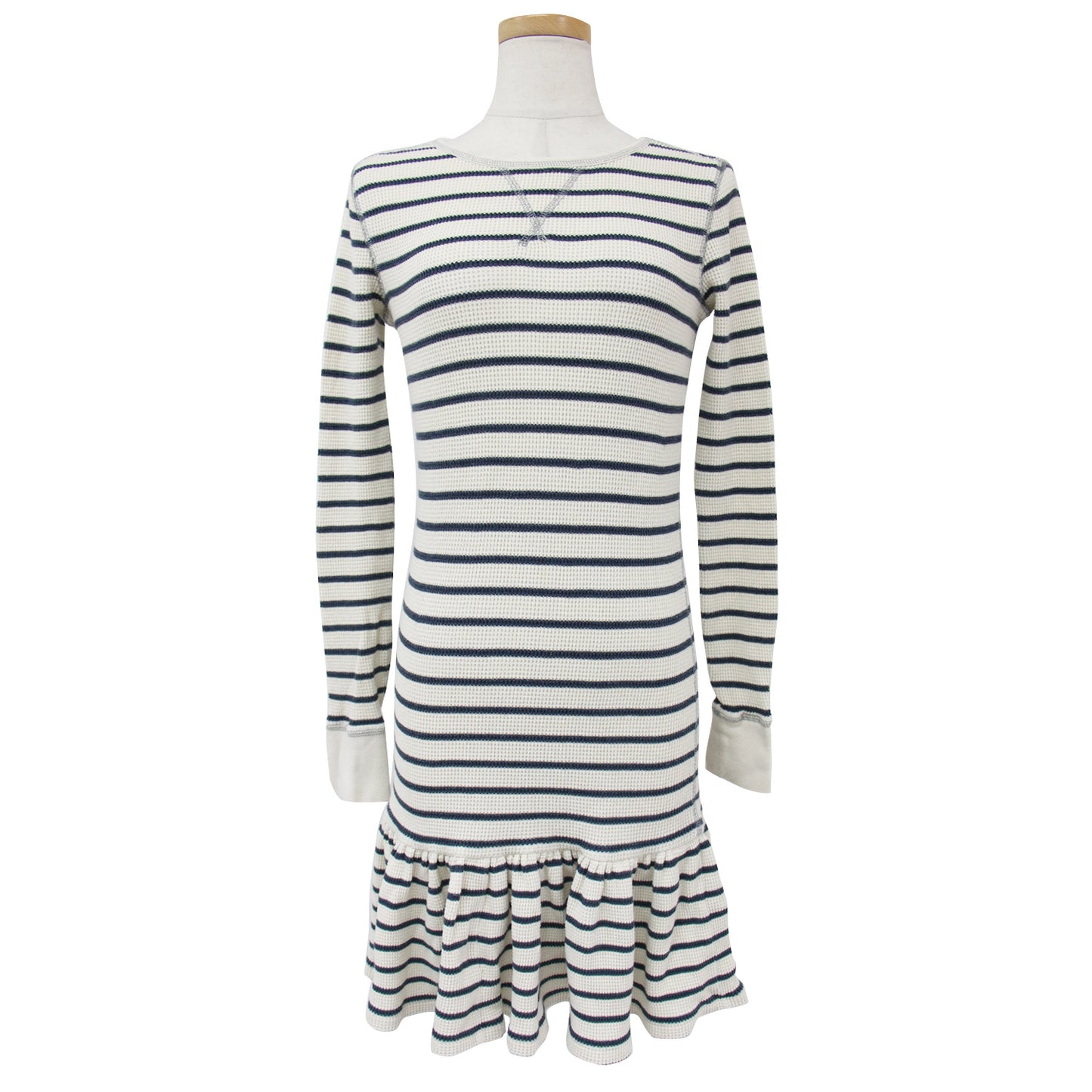 ボーダー 裾フリル コットン ワッフル 膝丈 ワンピース / カットソー クルーネック 長袖 240520