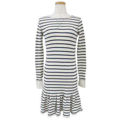 ボーダー 裾フリル コットン ワッフル 膝丈 ワンピース / カットソー クルーネック 長袖 240520