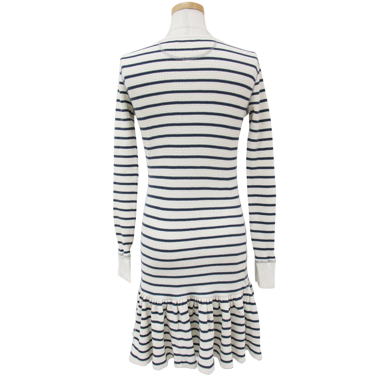 ボーダー 裾フリル コットン ワッフル 膝丈 ワンピース / カットソー クルーネック 長袖 240520