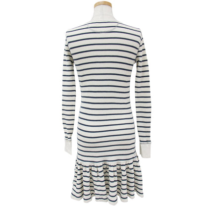 ボーダー 裾フリル コットン ワッフル 膝丈 ワンピース / カットソー クルーネック 長袖 240520