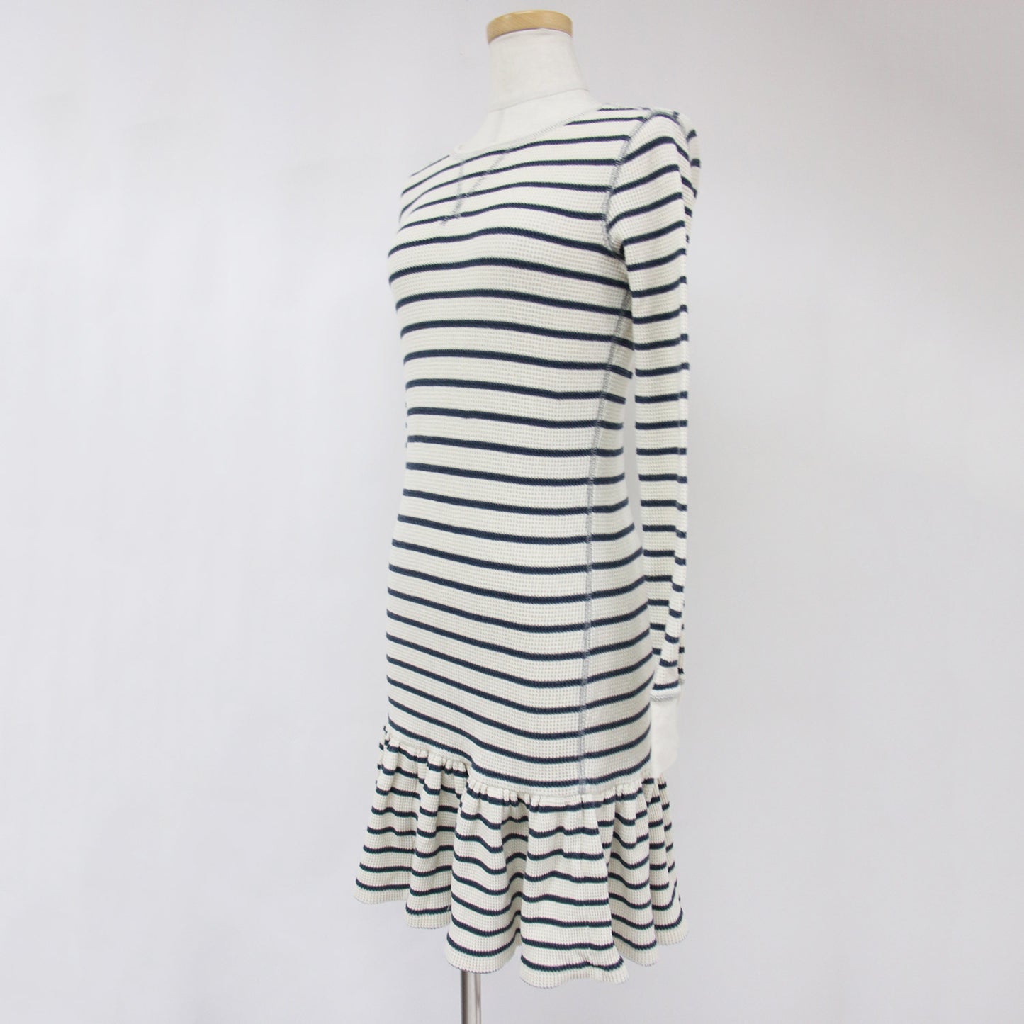 ボーダー 裾フリル コットン ワッフル 膝丈 ワンピース / カットソー クルーネック 長袖 240520