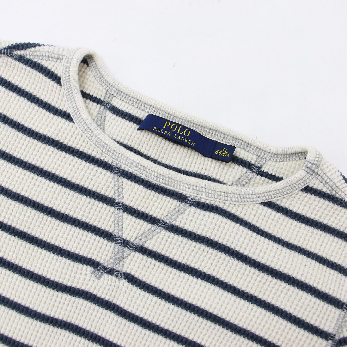 ボーダー 裾フリル コットン ワッフル 膝丈 ワンピース / カットソー クルーネック 長袖 240520