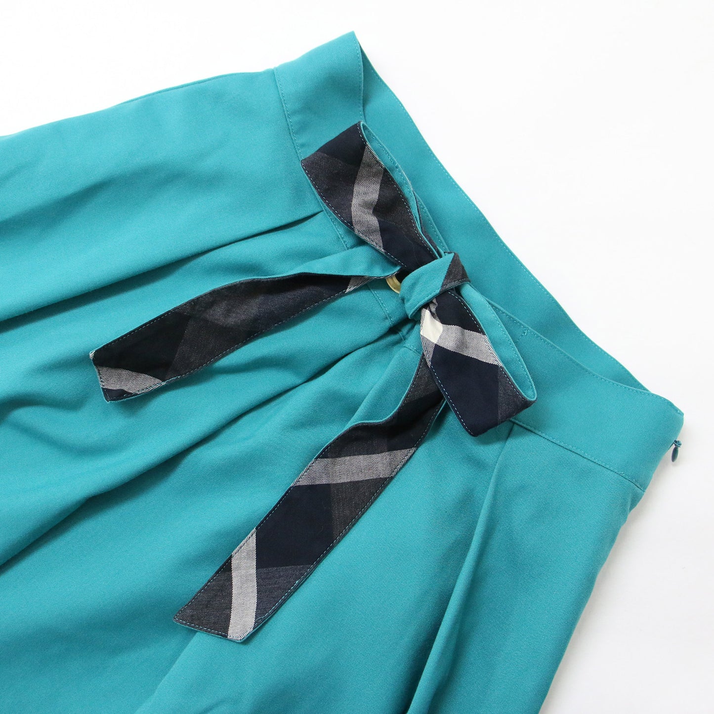 リボン フレア ミディ スカート / Aライン タック チェック柄 ウエストゴム 241121