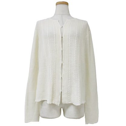 クルーネック ケーブル ニット カーディガン / 長袖 ホック リネン 240603