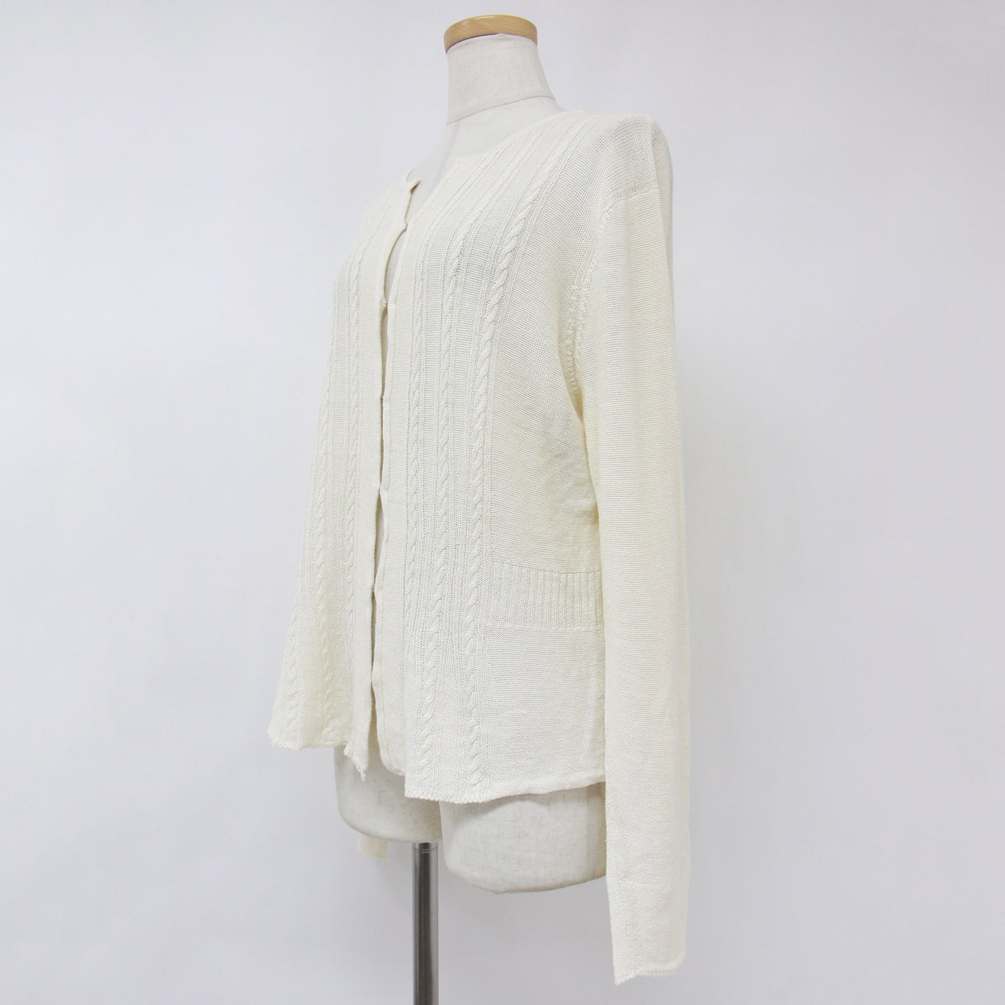 クルーネック ケーブル ニット カーディガン / 長袖 ホック リネン 240603