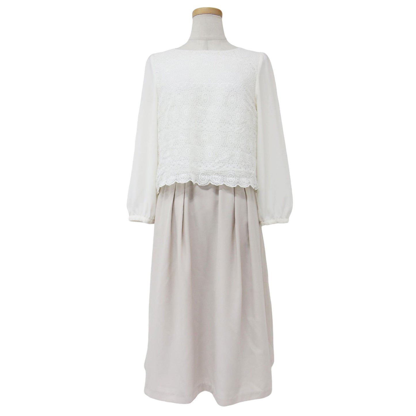 レース コンビ バックサテン ミディ ワンピース / ひざ丈 ボートネック 長袖 ウエストゴム ウォッシャブル 240805