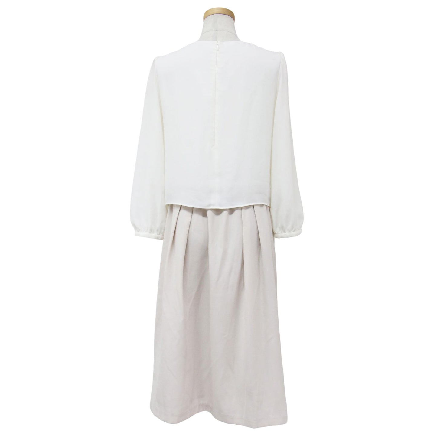 レース コンビ バックサテン ミディ ワンピース / ひざ丈 ボートネック 長袖 ウエストゴム ウォッシャブル 240805