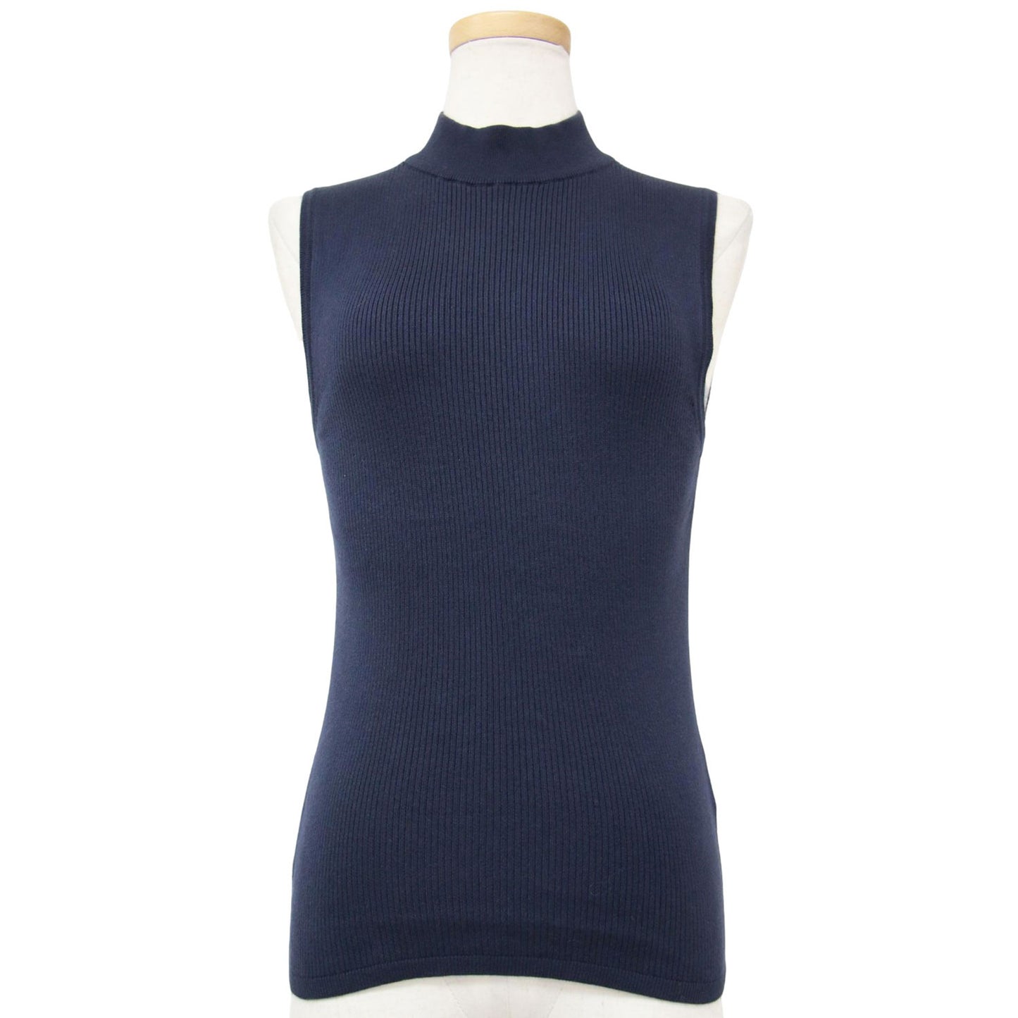 コットン ハイネック ノースリーブ ニット / プルオーバー リブ素材 240808