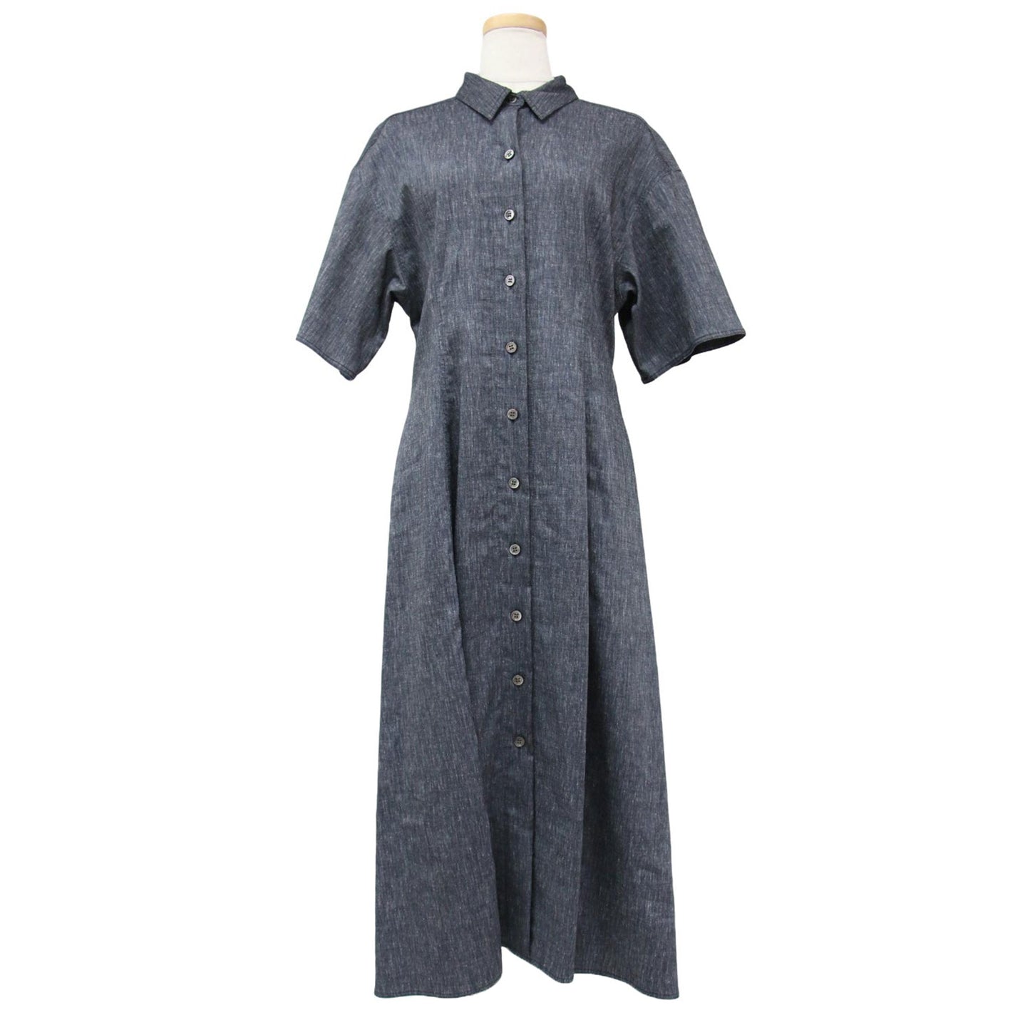 リネン ロング シャツ ワンピース / フレア ストレッチ 半袖