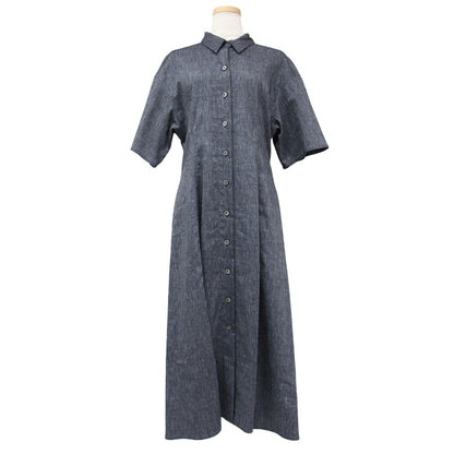 リネン ロング シャツ ワンピース / フレア ストレッチ 半袖