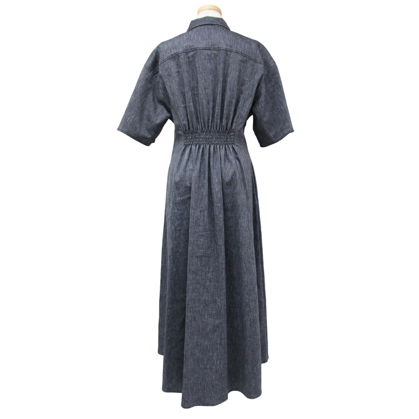 リネン ロング シャツ ワンピース / フレア ストレッチ 半袖