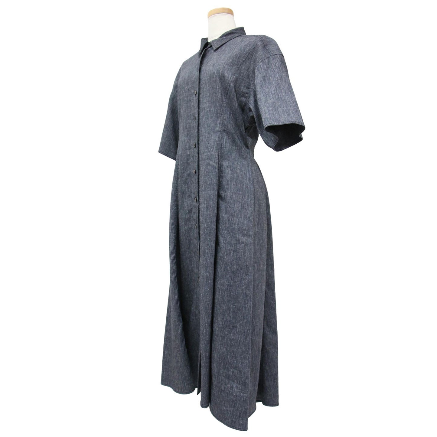 リネン ロング シャツ ワンピース / フレア ストレッチ 半袖