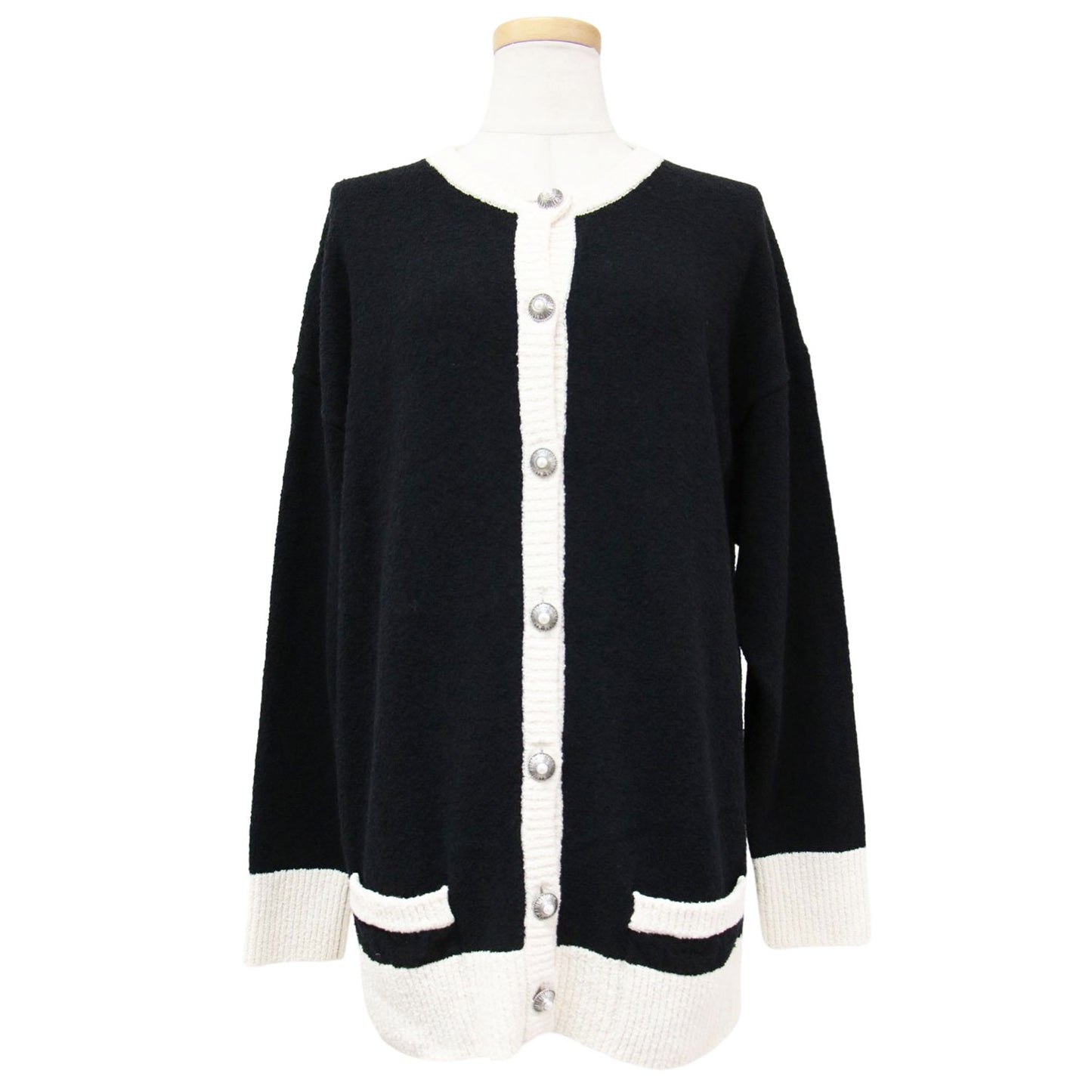 バイカラー パールボタン ニット カーディガン / 長袖 コットン