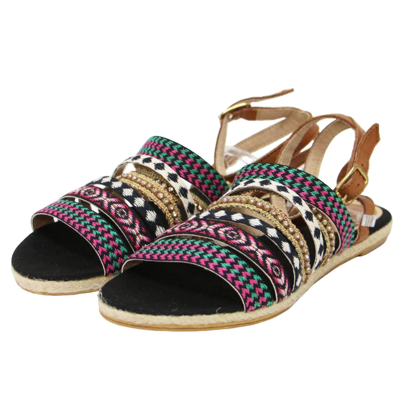 ビジュー チロリアンテープ アンクルストラップ フラット サンダル