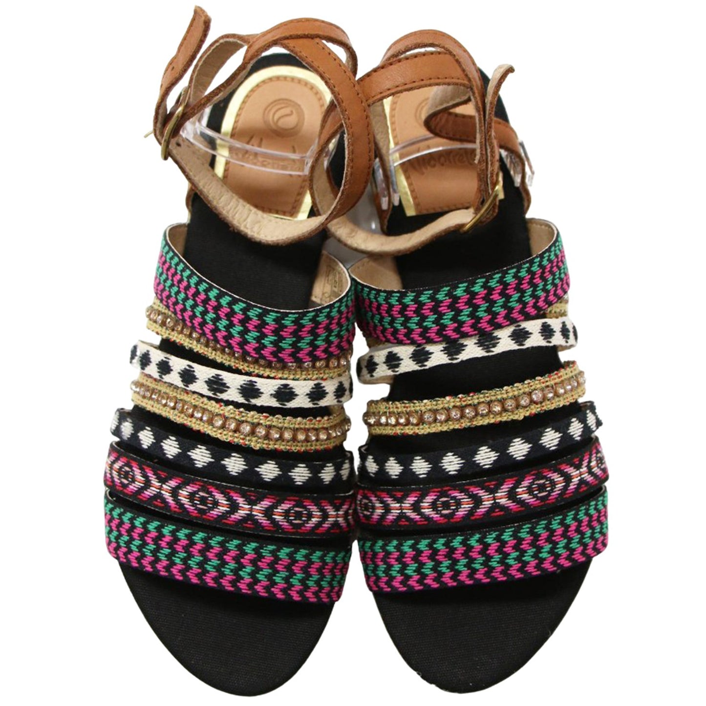 ビジュー チロリアンテープ アンクルストラップ フラット サンダル