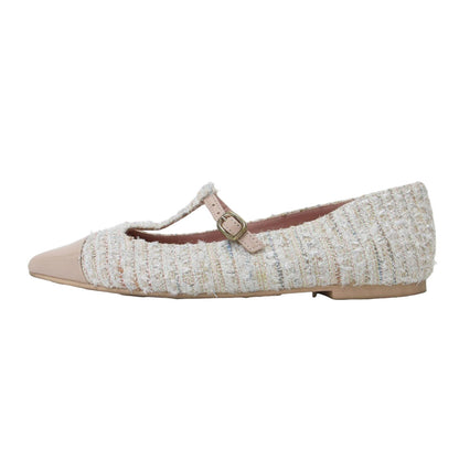 ツイード エナメルレザー ポインテッドトゥ フラット パンプス / Tストラップ バレエシューズ