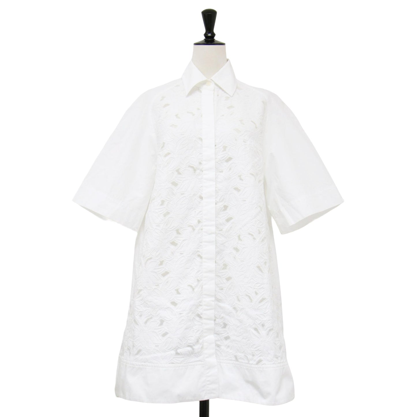 オーガニックコットン フラワー ジャガード レース チュニック シャツワンピース / 半袖 五分袖 ひざ丈 オーバーサイズ 花柄