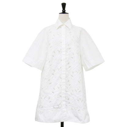 オーガニックコットン フラワー ジャガード レース チュニック シャツワンピース / 半袖 五分袖 ひざ丈 オーバーサイズ 花柄