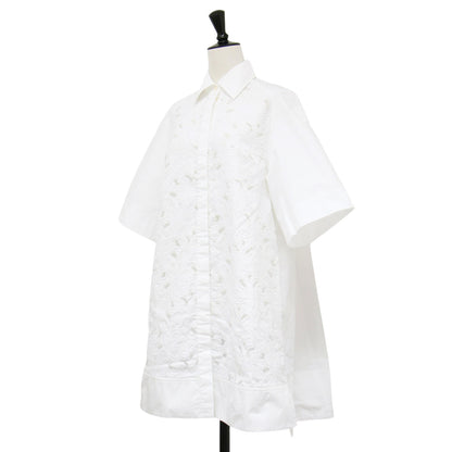 オーガニックコットン フラワー ジャガード レース チュニック シャツワンピース / 半袖 五分袖 ひざ丈 オーバーサイズ 花柄