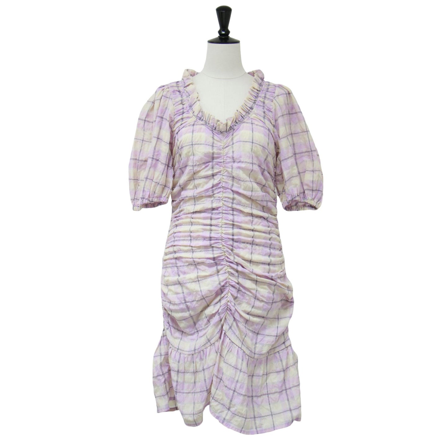 シアサッカー チェック柄 ギャザー ミニ丈 ワンピース / 半袖 パフスリーブ フリル コットン 241029