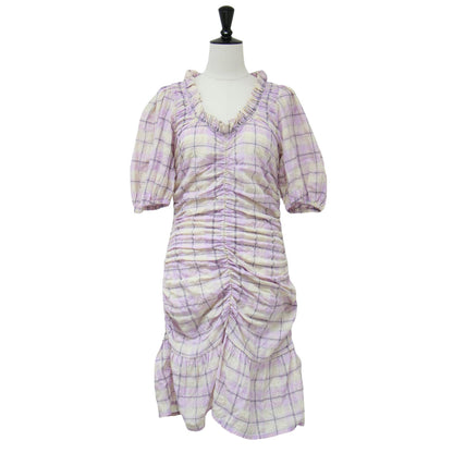 シアサッカー チェック柄 ギャザー ミニ丈 ワンピース / 半袖 パフスリーブ フリル コットン 241029