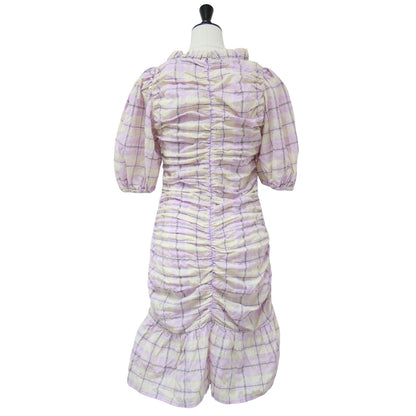 シアサッカー チェック柄 ギャザー ミニ丈 ワンピース / 半袖 パフスリーブ フリル コットン 241029