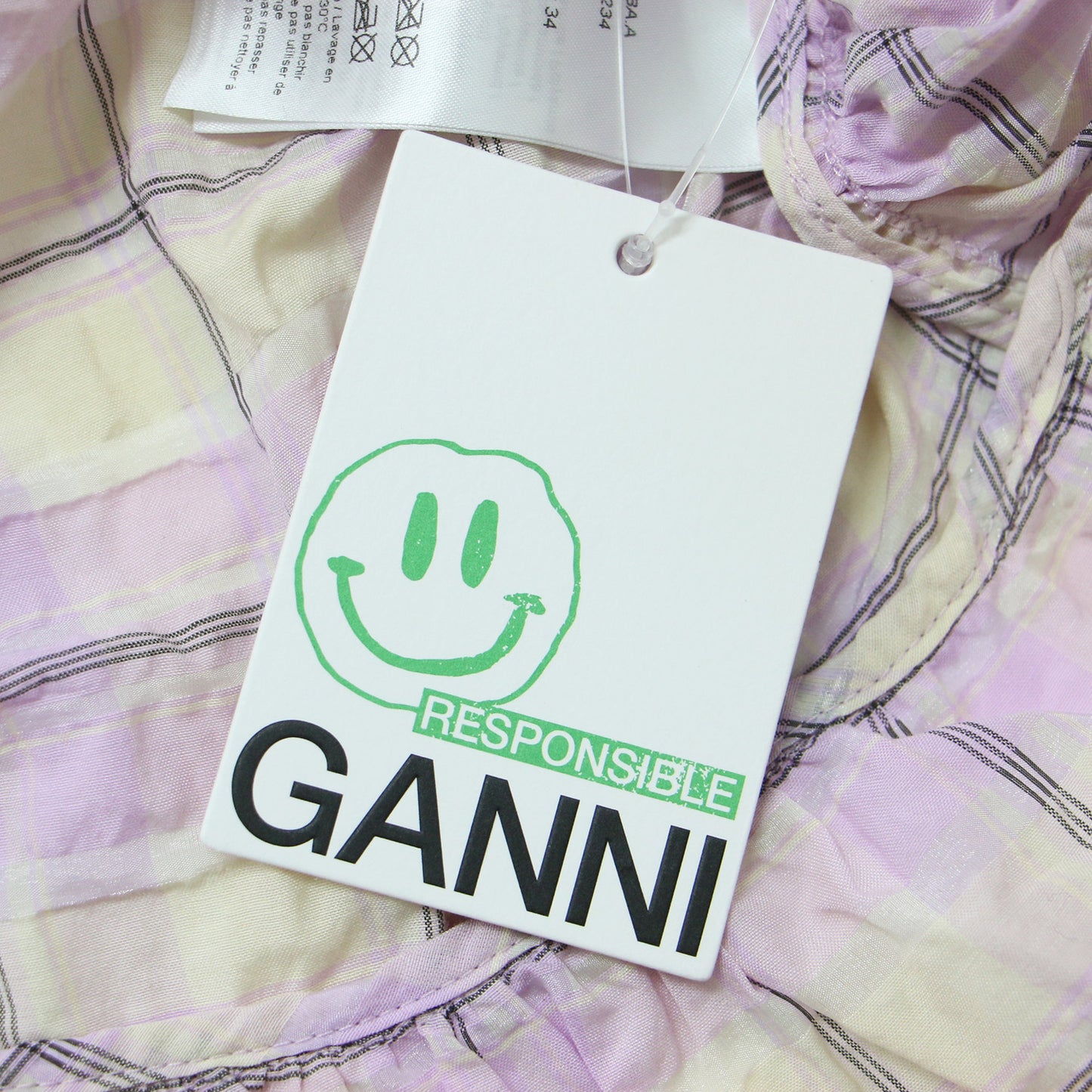 シアサッカー チェック柄 ギャザー ミニ丈 ワンピース / 半袖 パフスリーブ フリル コットン 241029