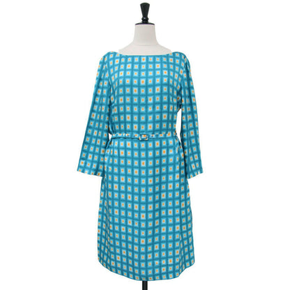 スクエア柄 シルク ミディ ワンピース / 長袖 総柄 ワイドネック ベルト 241104