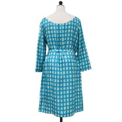 スクエア柄 シルク ミディ ワンピース / 長袖 総柄 ワイドネック ベルト 241104