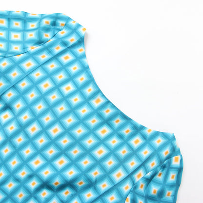 スクエア柄 シルク ミディ ワンピース / 長袖 総柄 ワイドネック ベルト 241104