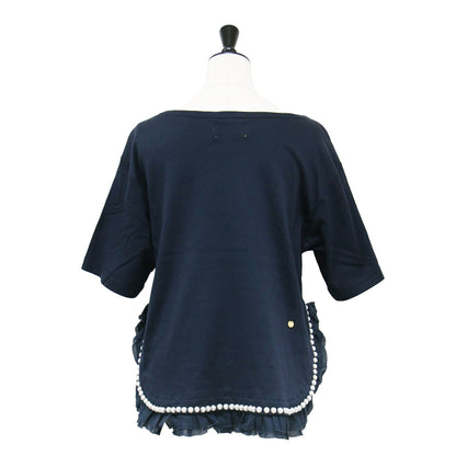 裾切り替え パール 刺繍 Tシャツ / カットソー 半袖 ショートスリーブ クルーネック フリル コットン