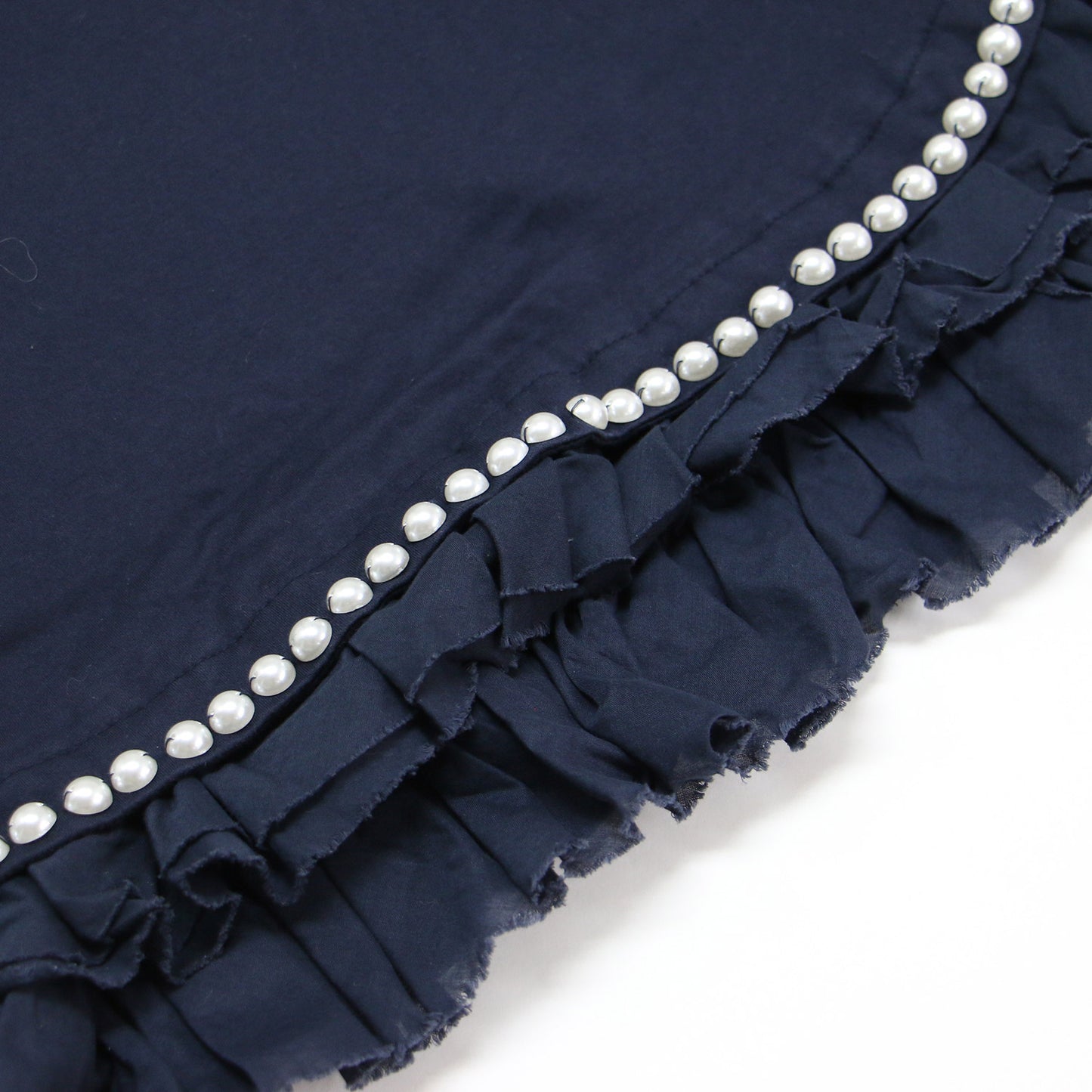 裾切り替え パール 刺繍 Tシャツ / カットソー 半袖 ショートスリーブ クルーネック フリル コットン