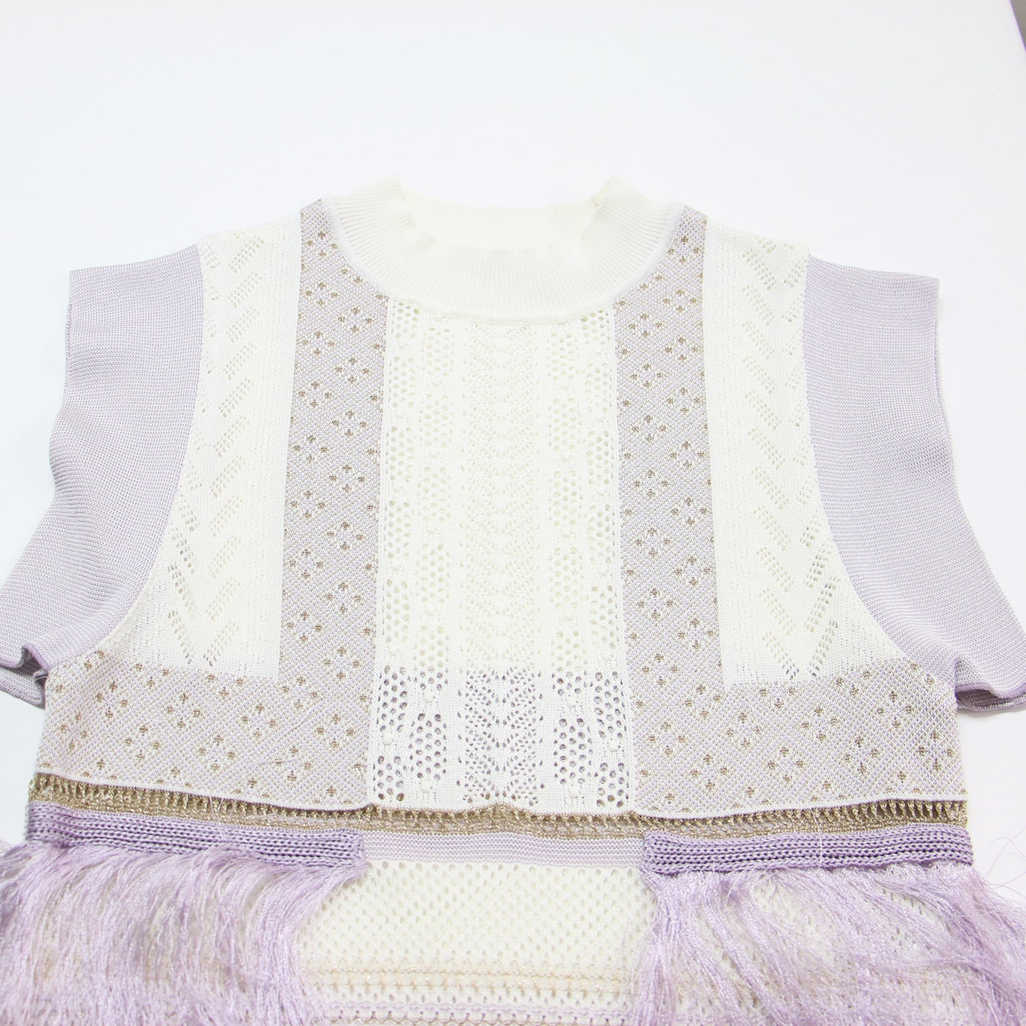 ノースリーブ フリンジ ニット / SASH JAQUARD SLEEVELESS KNIT プルオーバー 透かし編み ラメ
