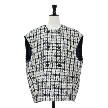 スラブシェパード コクーン ジレ / ベスト ツイード クルーネック ダブルブレスト コットン