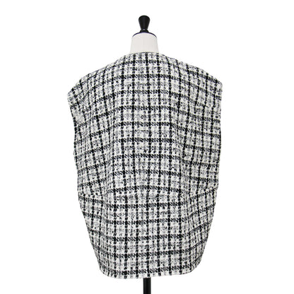 スラブシェパード コクーン ジレ / ベスト ツイード クルーネック ダブルブレスト コットン