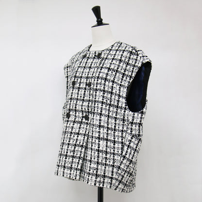 スラブシェパード コクーン ジレ / ベスト ツイード クルーネック ダブルブレスト コットン