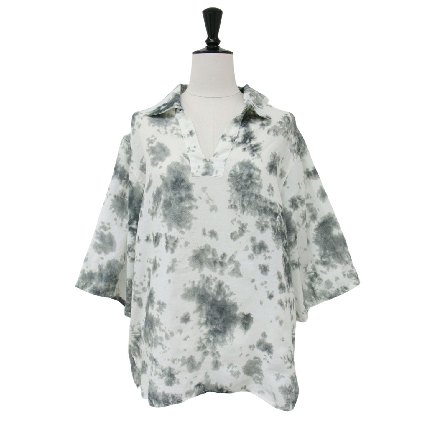 スキッパーカラー タイダイ ブラウス / ドロップショルダー スリット コットン 半袖 241024