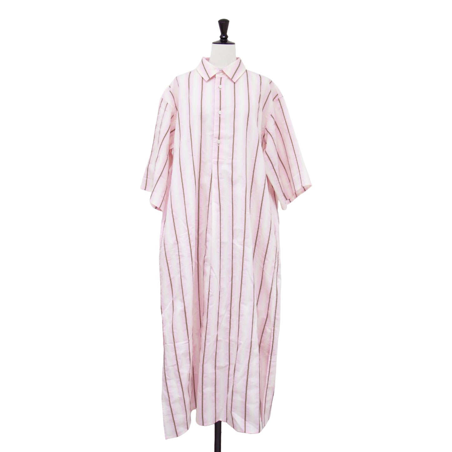オンブレ ストライプ ハーフスリーブ シャツワンピース / 5分袖 ワイドスリーブ ロング