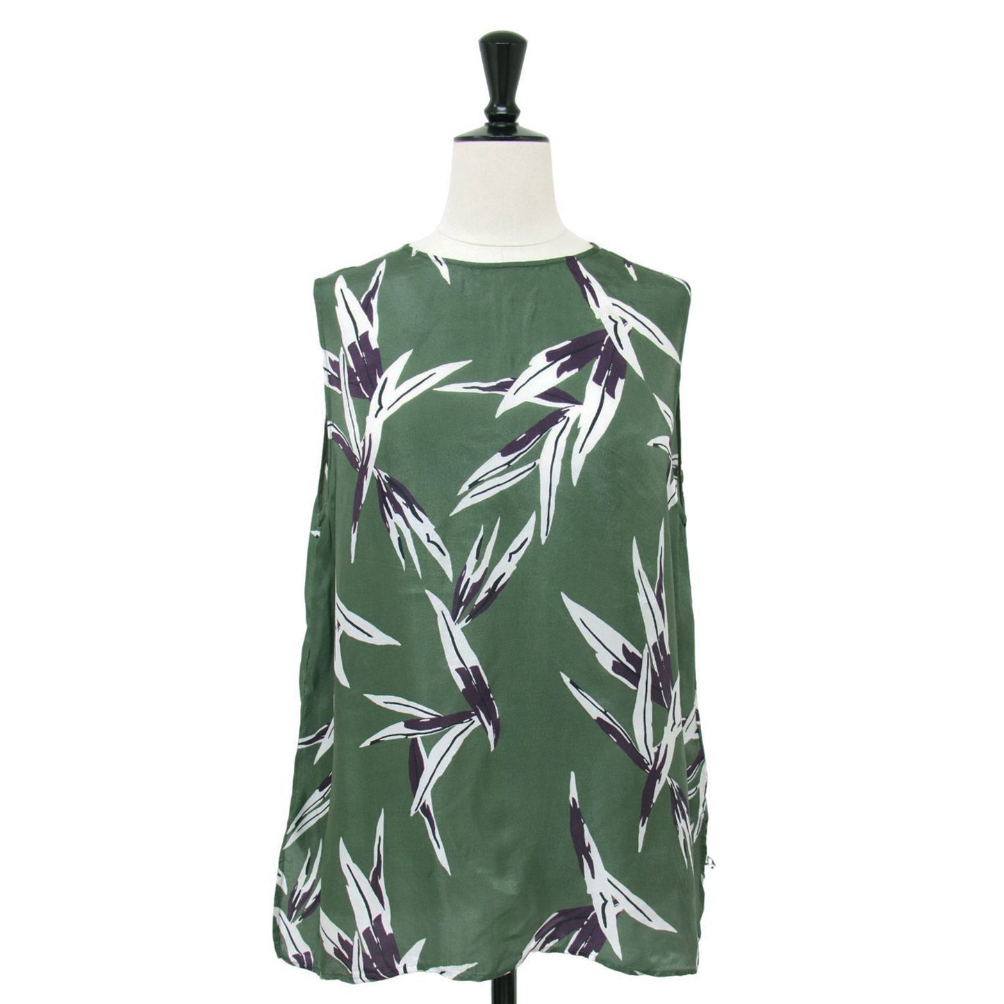 リーフプリント ノースリーブ ブラウス / ボタニカル柄 サテン サイドスリット