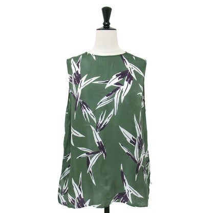 リーフプリント ノースリーブ ブラウス / ボタニカル柄 サテン サイドスリット