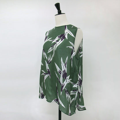リーフプリント ノースリーブ ブラウス / ボタニカル柄 サテン サイドスリット