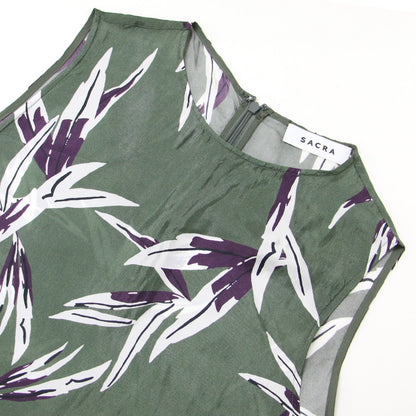 リーフプリント ノースリーブ ブラウス / ボタニカル柄 サテン サイドスリット