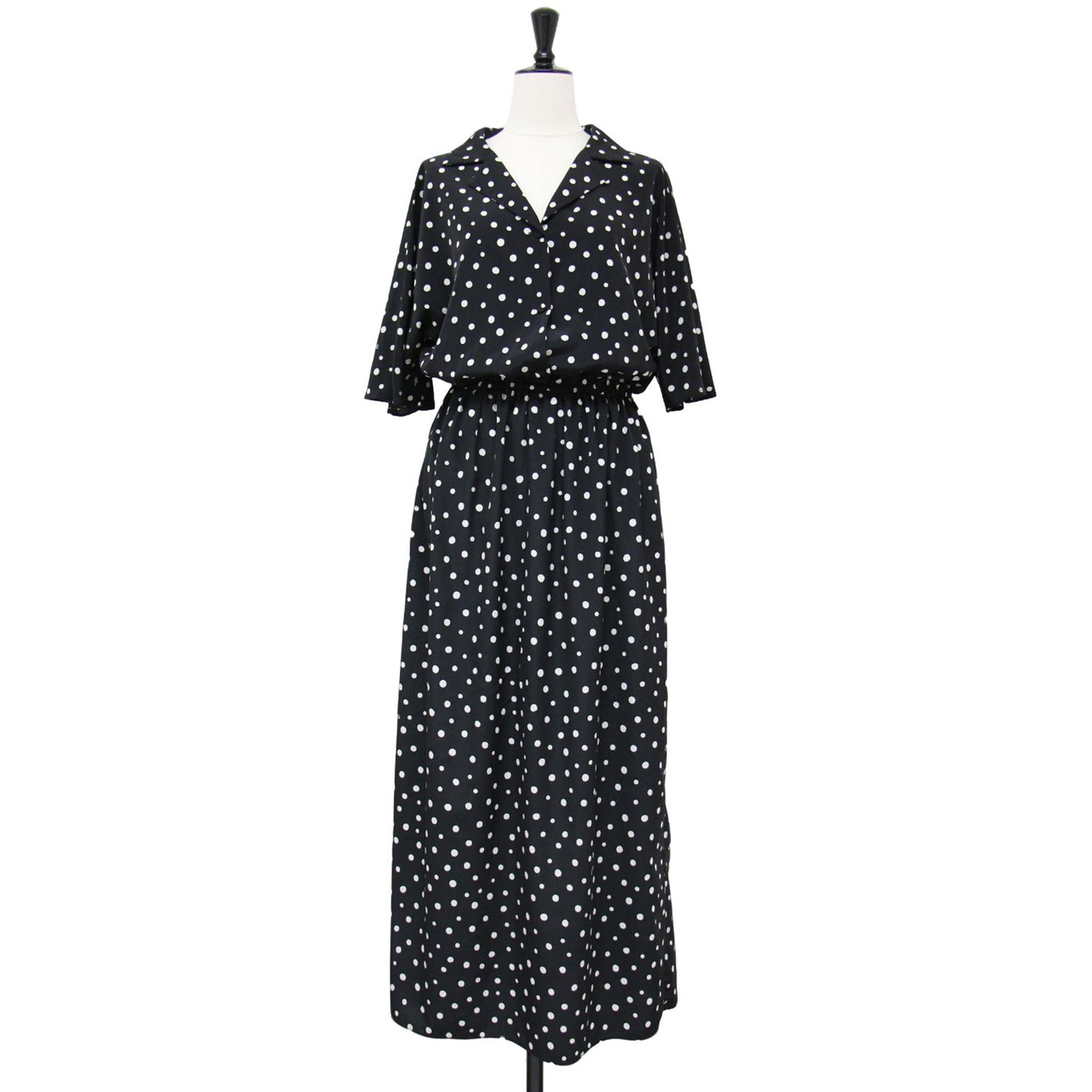 オープンカラー ドット ワンピース / ロング丈 半袖 開襟 ギャザー 総柄