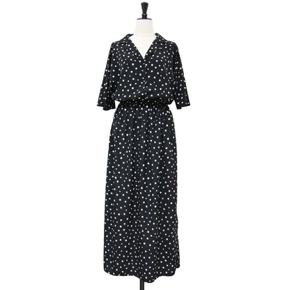 オープンカラー ドット ワンピース / ロング丈 半袖 開襟 ギャザー 総柄