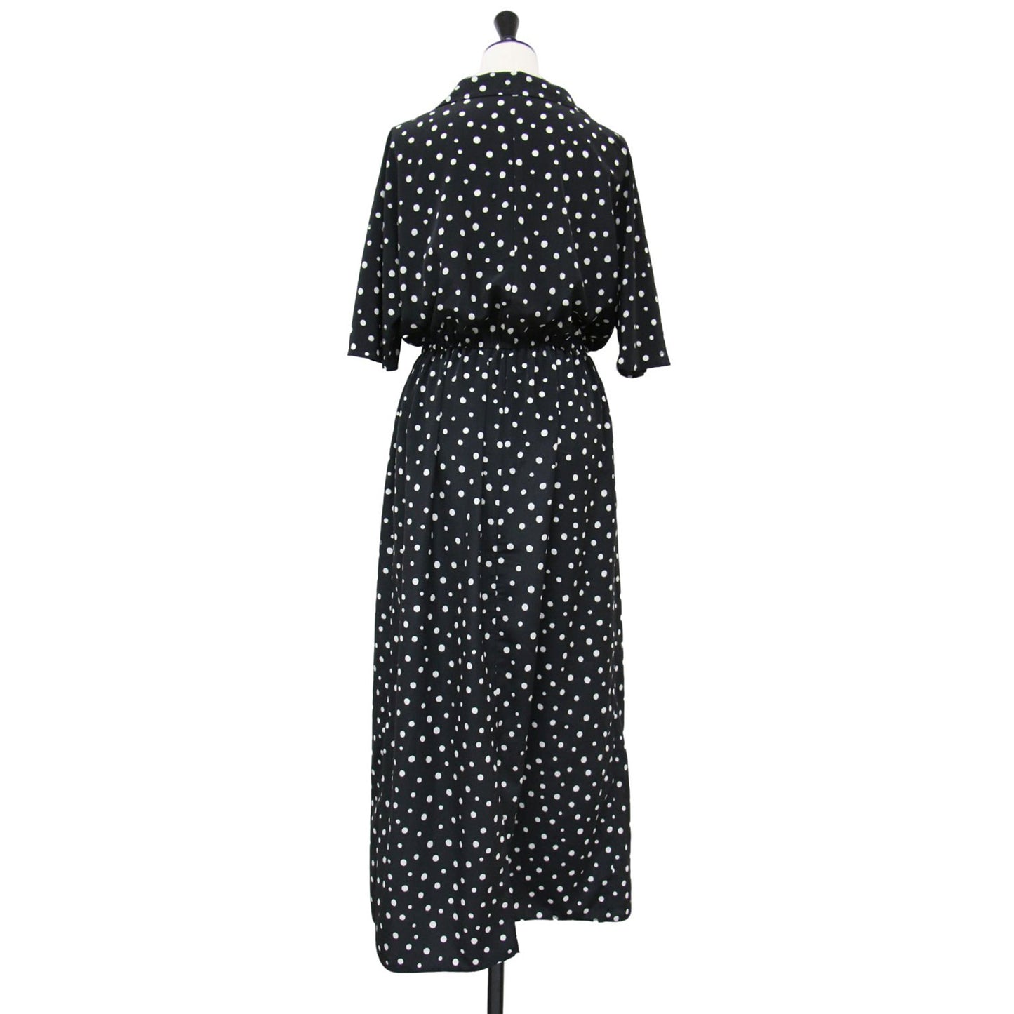 オープンカラー ドット ワンピース / ロング丈 半袖 開襟 ギャザー 総柄